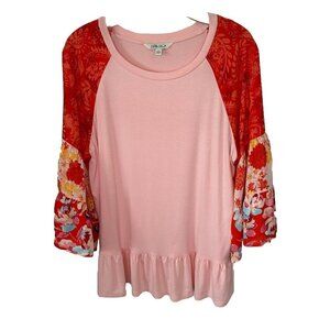 Pioneer Woman Top Large Pink Print Peplum Multi Tier Bell Sleeve Boho Cottage